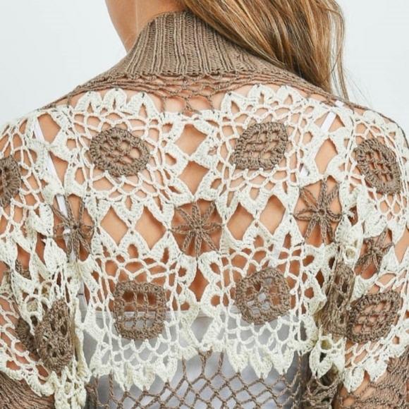 Versatile Open Stitch Modern Knit Cotton Flowers Embroidered Crop Cardigan Brown - Picture 6 of 10